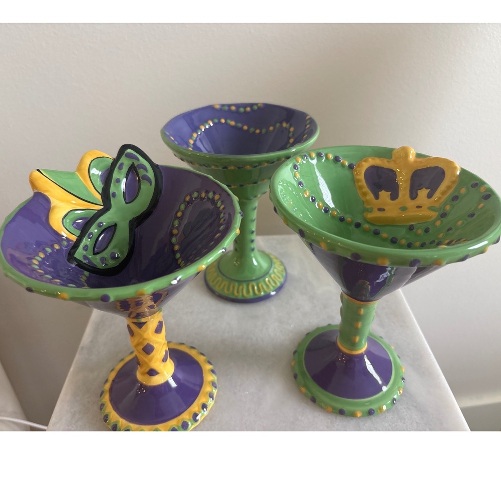 Vintage Mardi Gras Ceramic Martini Glass Set 3 Masquerade Mask Crown